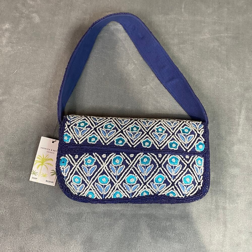 America & Beyond Shoulder Bag Blue Multi Seed Bead Floral Small Boho NWT - Flaws